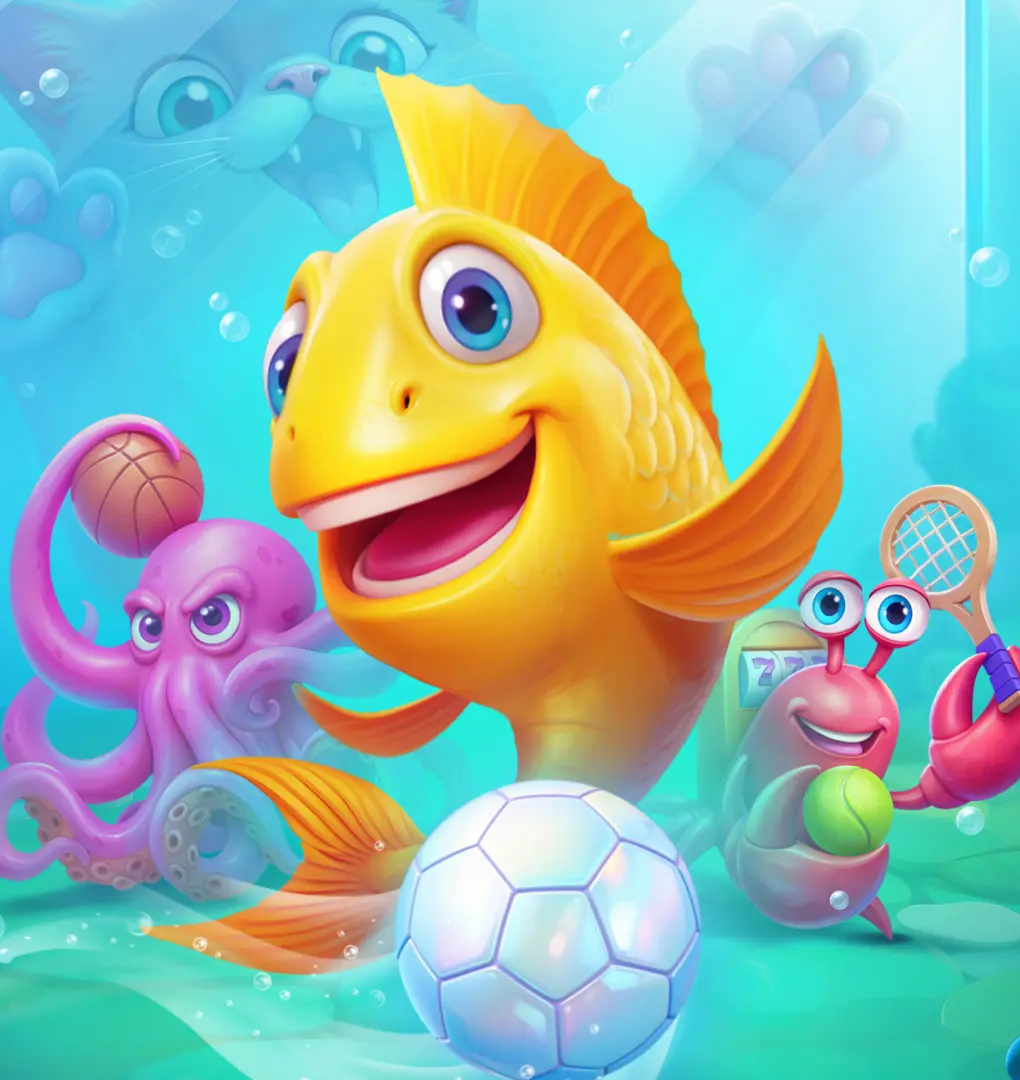 Χαρούμενο χρυσό ψάρι παίζει ποδόσφαιρο κάτω από τη θάλασσα, δίπλα σε ένα χταπόδι με μπάλα του μπάσκετ και έναν κάβουρα που κρατά ρακέτα τένις, με γάτα να παρακολουθεί από το φόντο.